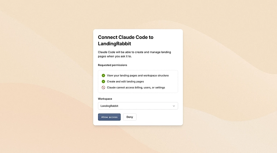 Connection prompt for Claude Code to LandingRabbit, listing permissions and workspace options for managing landing pages.