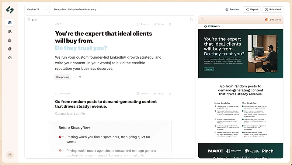 Interface of SteadyRev LinkedIn growth marketing platform showcasing a brief, hero section, and comparison content.