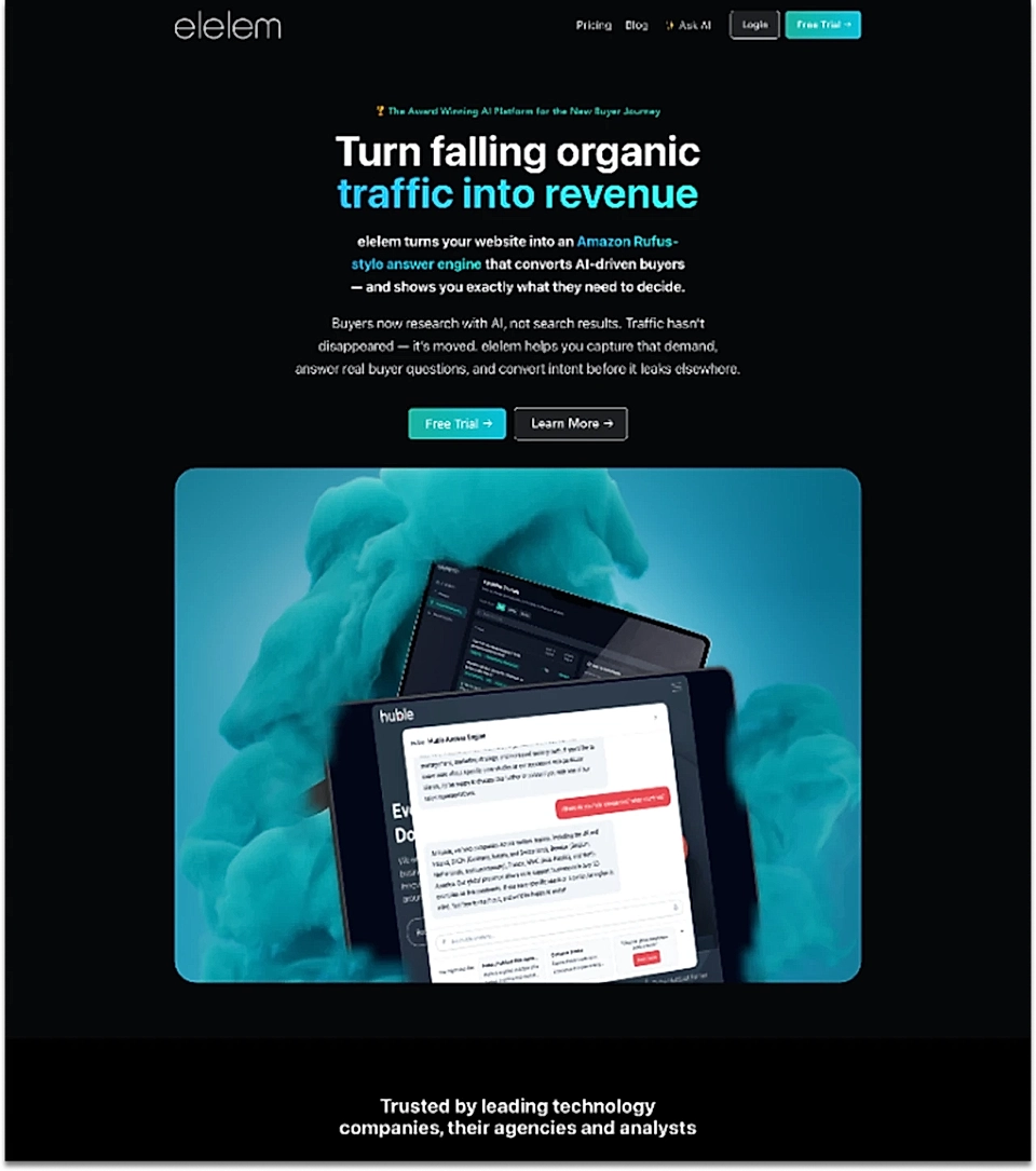 Screenshot of elelem marketing website showcasing AI platform for converting organic traffic into revenue.