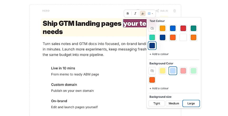 LandingRabbit text editor and the highlight tool for displaying options for text color, background color, and size for a landing page.