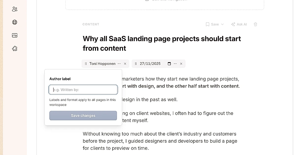 LandingRabbit's author label settings in a blog article editor
