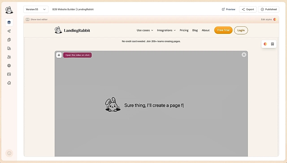 LandingRabbit page editor and a feature to enable/disable a video pop-up