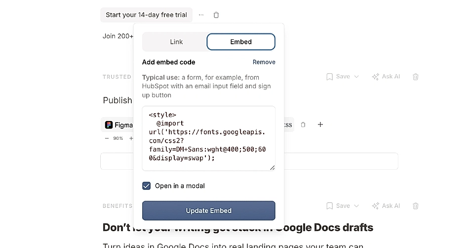 Screenshot of an embed code modal for adding a form or another embed on a website