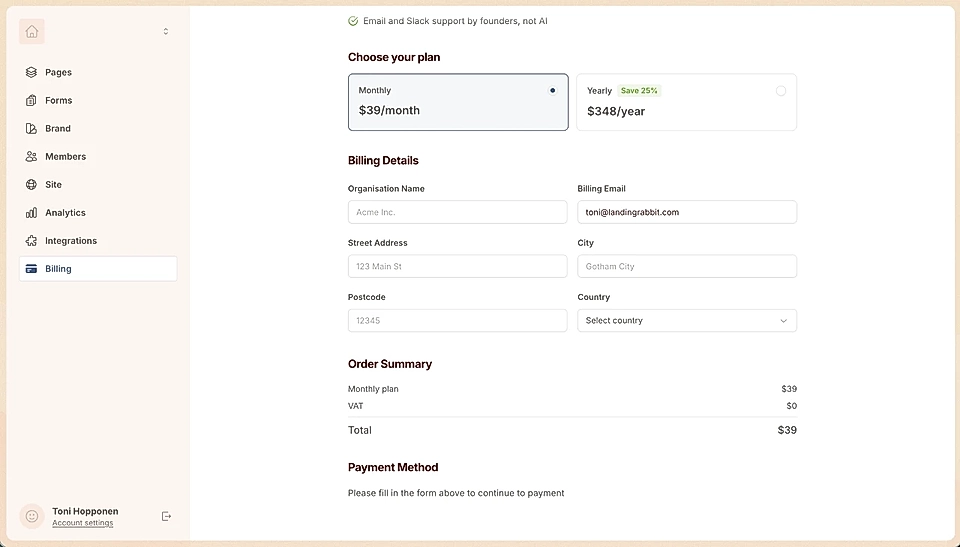 Add your organization details when subscribing to LandingRabbit via Billing tab