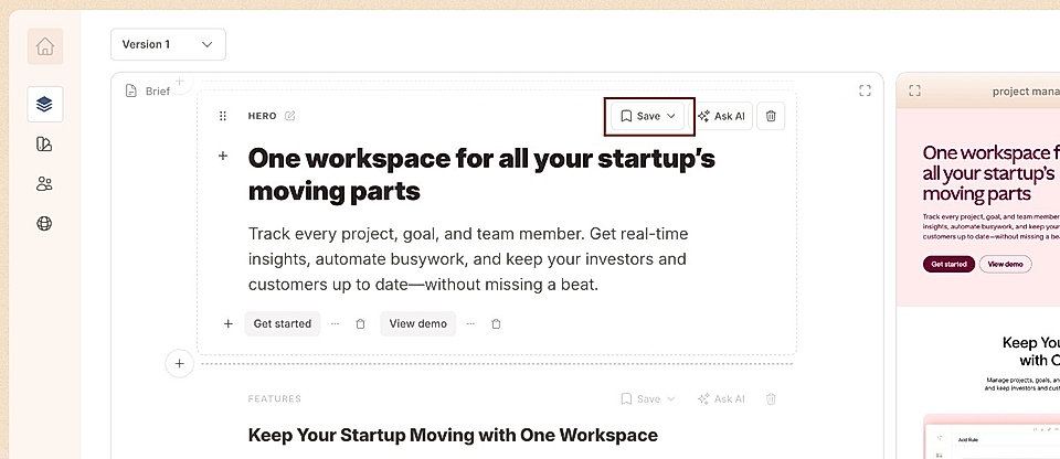 Screenshot from LandingRabbit and a Save button to store section-specific content for reuse