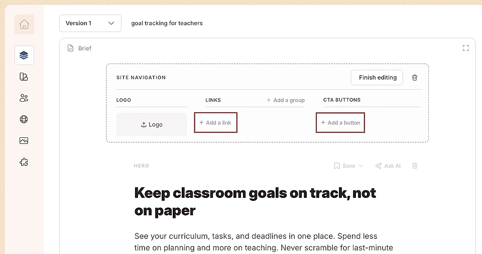 LandingRabbit's site navigation editing tools: add a link and add a button