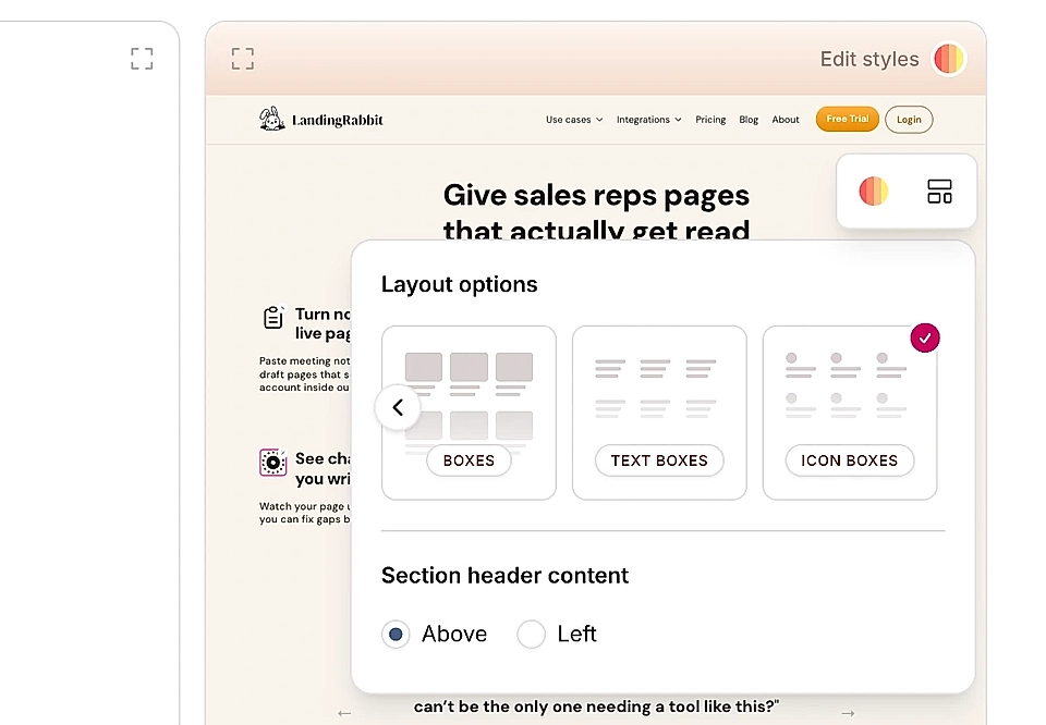 Screenshot of a web design tool interface showing layout options: Boxes, Text Boxes, Icon Boxes, and section header placement.