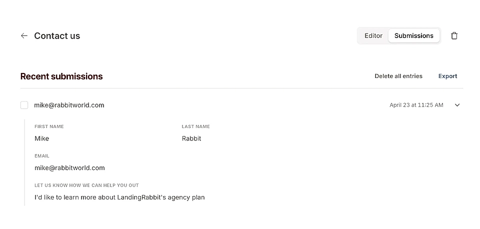 LandingRabbit form builder interface showing a contact form submission with name, email, and inquiry about agency plans.