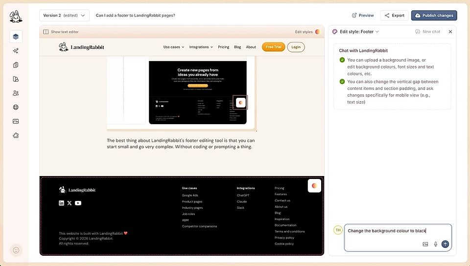 Screenshot of the LandingRabbit footer editing tool, showcasing options to customize the footer design.