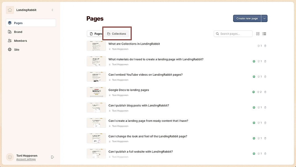 Screenshot of the LandingRabbit platform showing the 'Pages' and 'Collections' filtering