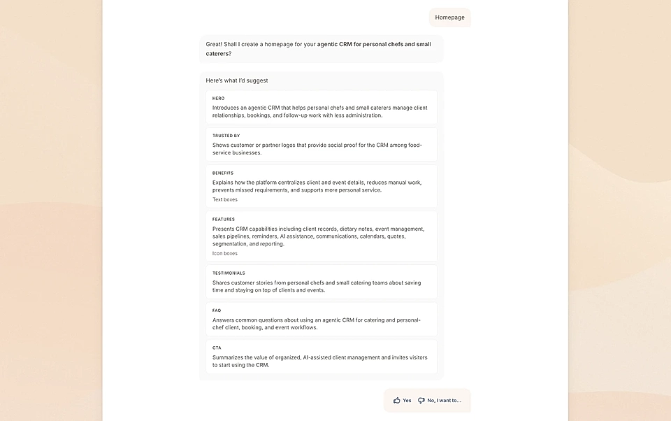 An example of a page plan showing sections like hero, trusted by, benefits, features, testimonials, FAQ, and CTA.