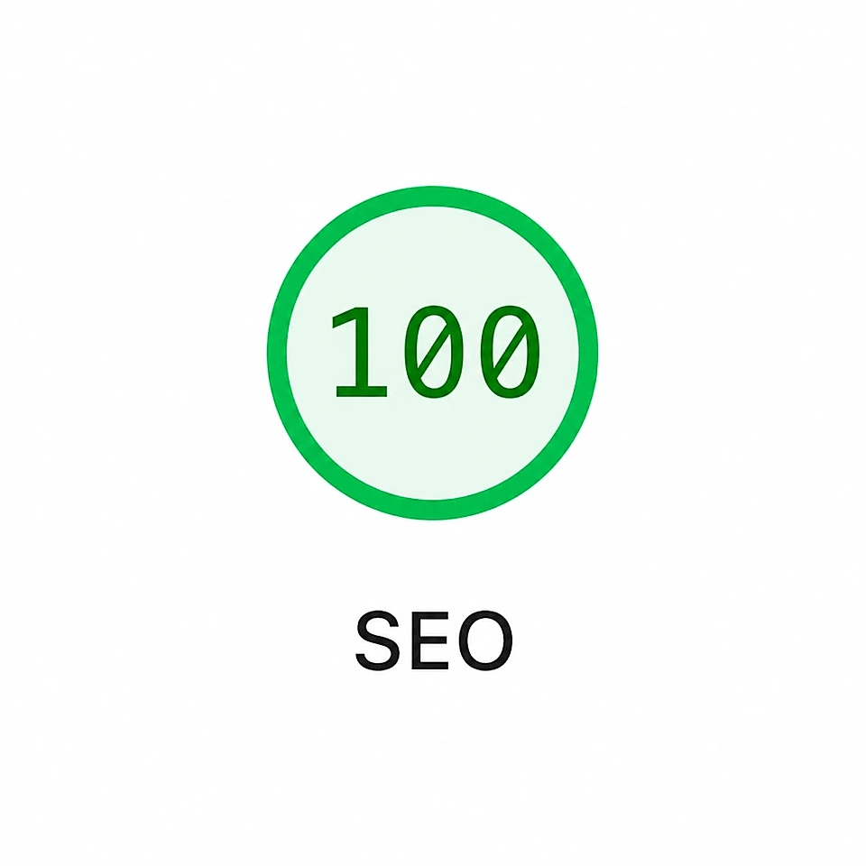 Circular icon with '100' in green on a light background, labeled 'SEO' below the icon.