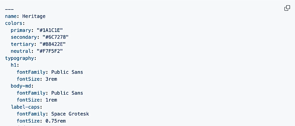 Markdown and YAML-style brand style guide for Heritage showing colors and typography settings on a light background.