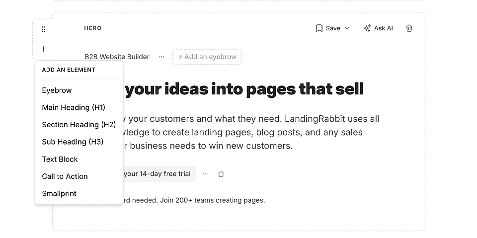 Screenshot of LandingRabbit editor interface and hero section with options to add elements like headings and text blocks.