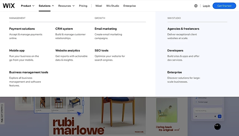 Wix website navigation menu showing product, solutions, resources, pricing, and business tools options