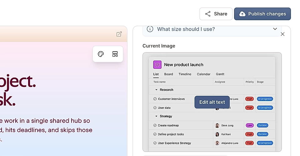Screenshot of a website and image editing tool in LandingRabbit