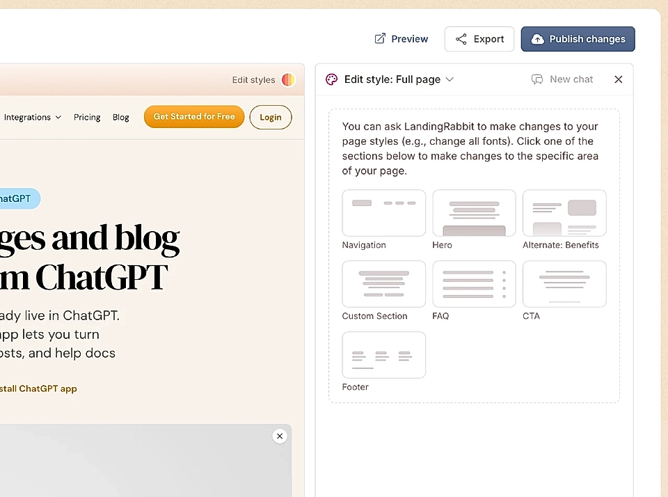 Choose a section to edit after clicking Edit styles