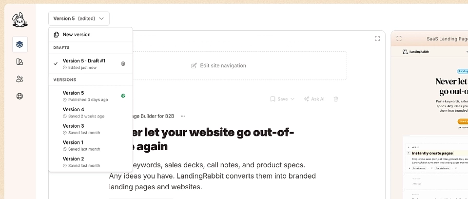 Screenshot of a SaaS app interface with version control and navigation options for landing pages and drafts.