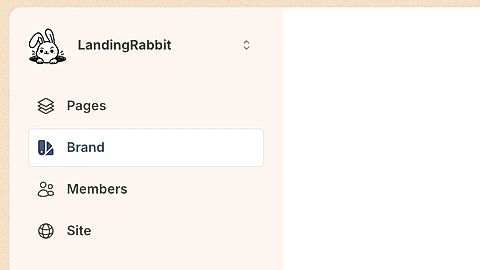 Screenshot of a SaaS dashboard sidebar for 'LandingRabbit' showing pages, brand, members, and site settings.