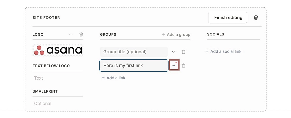 Screenshot of a site footer editing panel featuring logo, groups, links, and social link options.