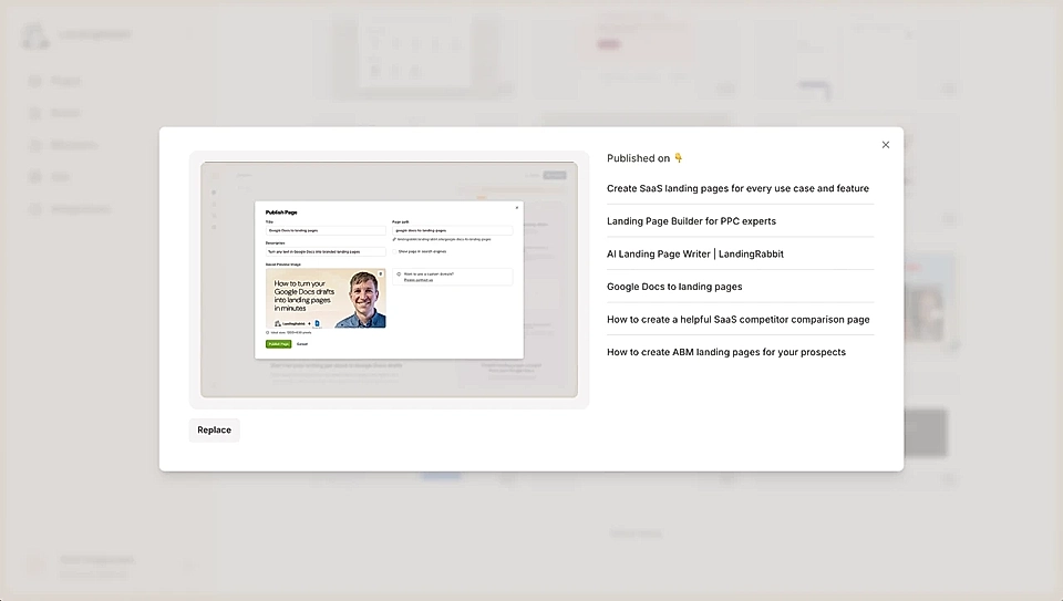Screenshot of a publishing interface with options for creating SaaS landing pages and a preview of the content.