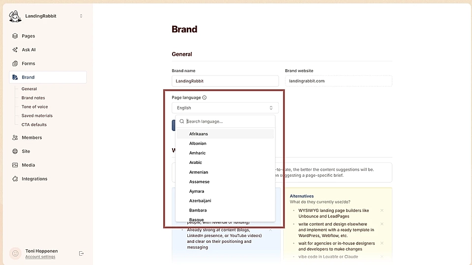 LandingRabbit brand tab settings page with page language dropdown open. You can choose the default language for your content