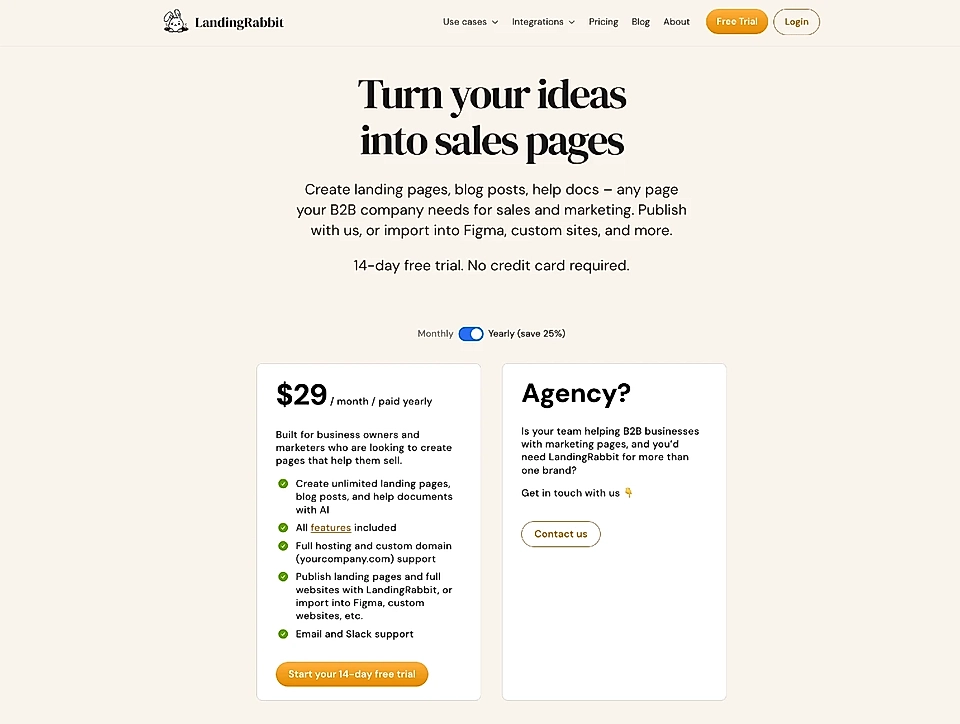 LandingRabbit pricing page featuring a sales page creation tool, subscription details, and a free trial offer.