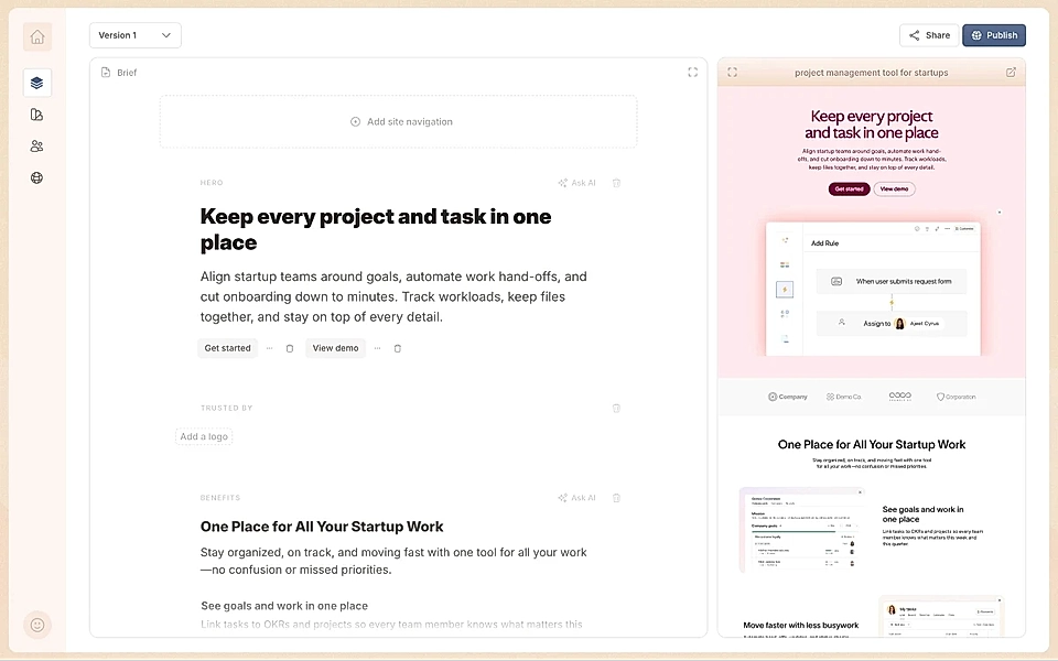 A landing page tool with a text editor on the left and a live page preview on the right