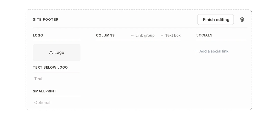 LandingRabbit footer editor with logo, columns, texts, smallprint and social link sections