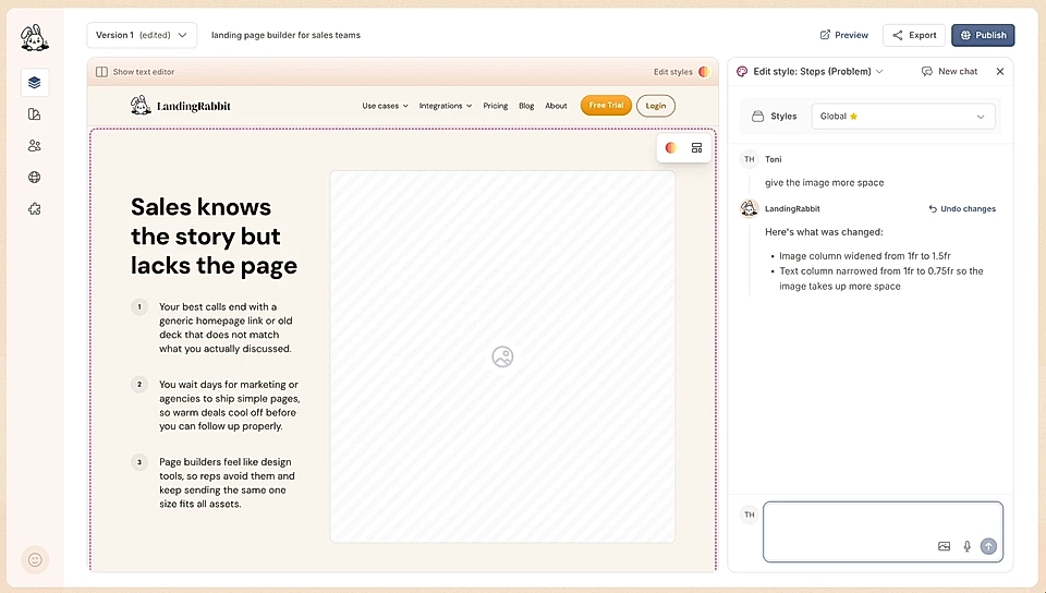 A web design interface showcasing landing page elements and edit styles with AI chat