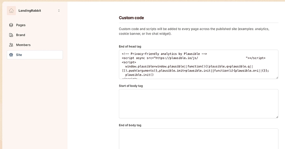 Screenshot of a website builder interface showing custom code settings for analytics integration.