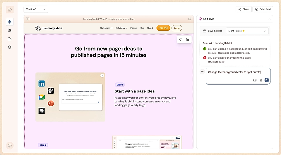 Screenshot of LandingRabbit plugin interface and editing options.