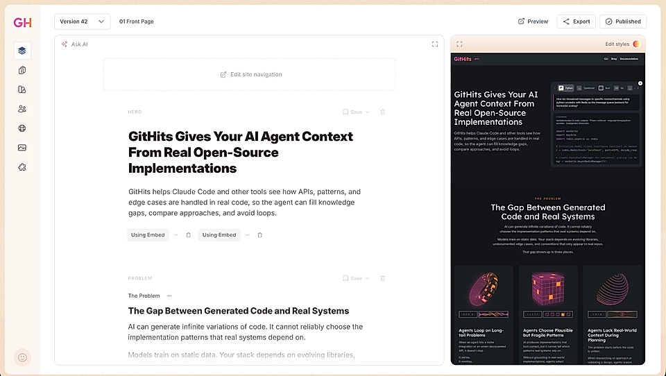 LandingRabbit page editor for GitHits with a front-page landing page preview and dark mobile mockup