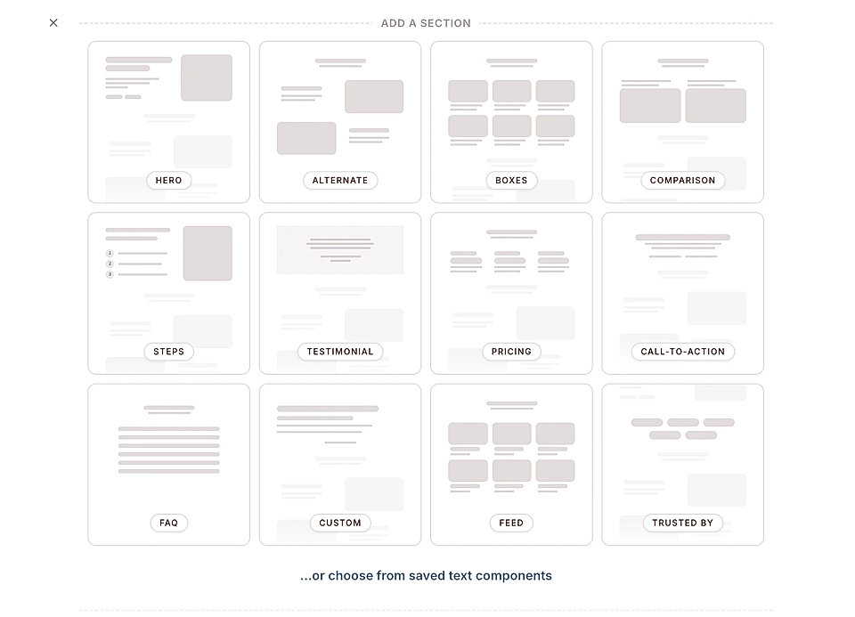 LandingRabbit page editor and available sections for a B2B webpage, including hero, pricing, testimonials, and call-to-action.