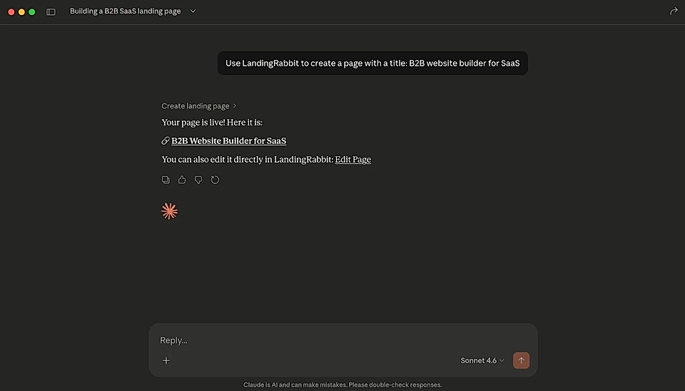 Screenshot of a website-building interface with a notification about a live B2B SaaS landing page.