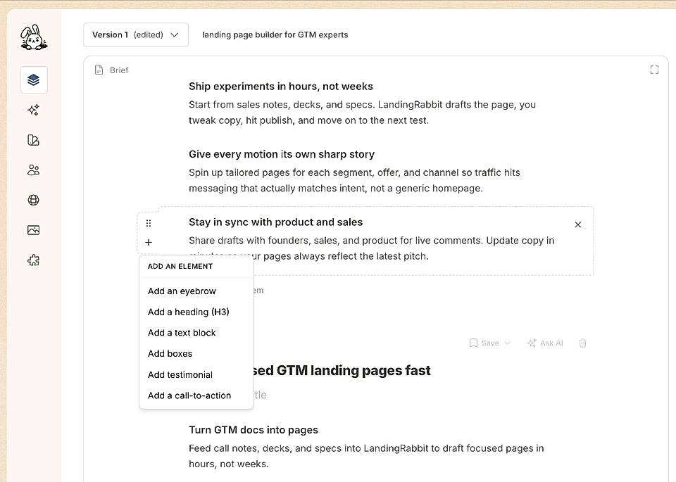 LandingRabbit page editor with Alternate section content items selection