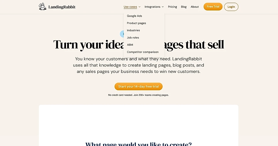 Screenshot of LandingRabbit homepage with a navigation