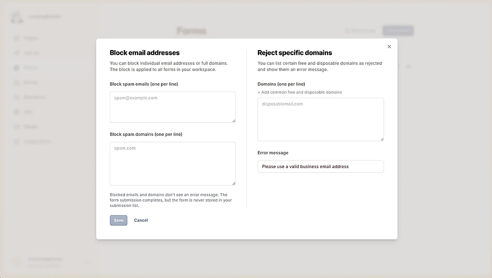 LandingRabbit form settings for blocking email addresses and rejecting specific domains.
