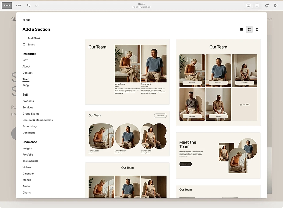 Squarespace website editor section picker showing team layout templates in a page builder interface