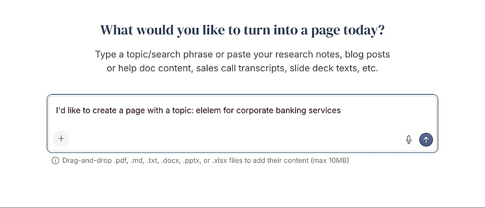 Screenshot of a webpage prompt asking for topic input for creating a page, featuring a text input box.