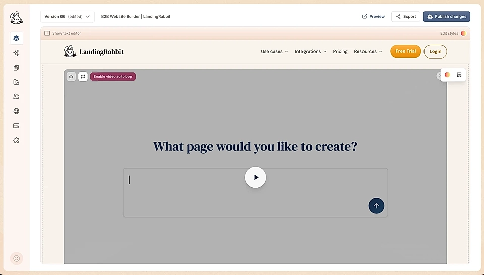 LandingRabbit page editor with a video and a button to enable/disable video autoplay