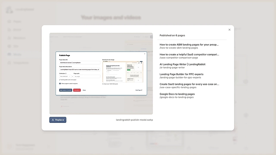 LandiingRabbit replace images tool with published pages listed on the side.
