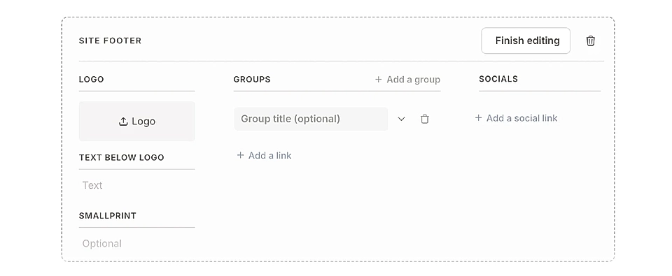 A website footer editing interface showing options for logo upload, group links, social links, and small print.