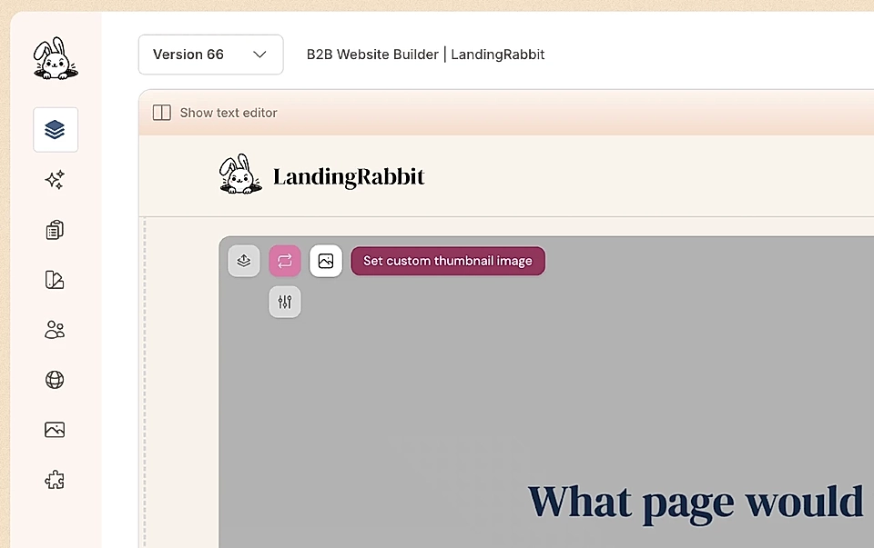 LandingRabbit page editor and a video example displaying options to set a custom thumbnail image.