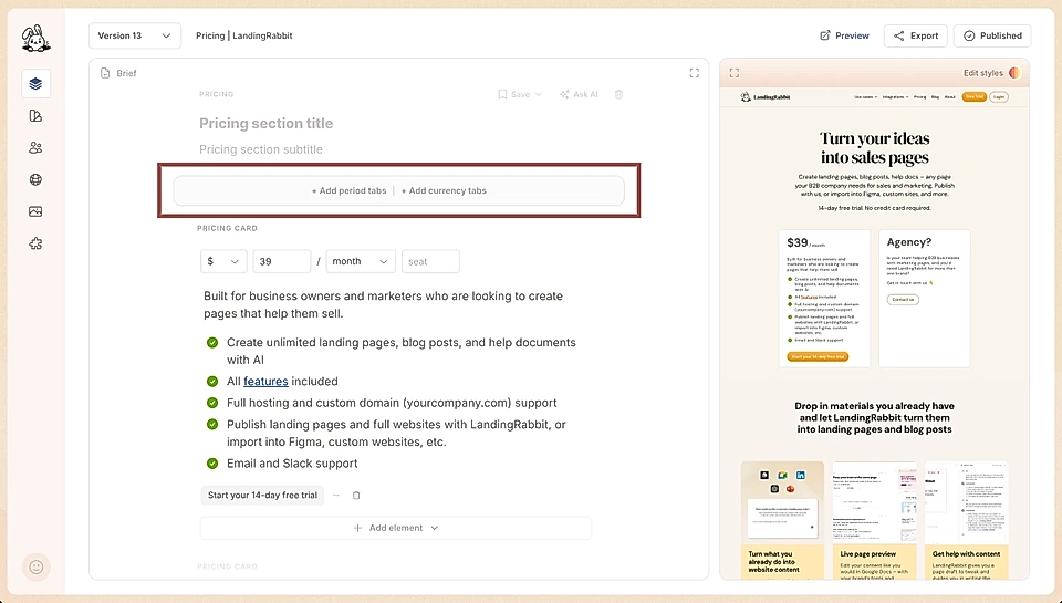 Screenshot of a LandingRabbit pricing section editor interface showing options for tabs