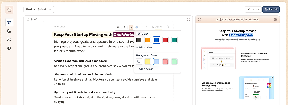 Screenshot of a text highlight editing tool in the LandingRabbit page editor