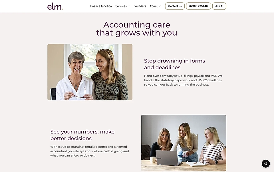 Elm Financial website with the headline 'Accounting care that grows with you' and team photos