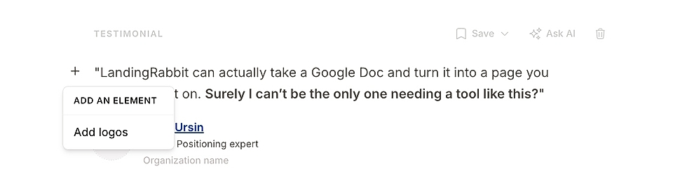 Screenshot of a testimonial for LandingRabbit, featuring a quote from a positioning expert.