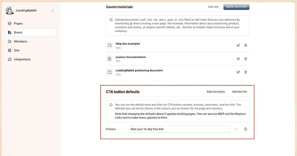 Screenshot of LandingRabbit interface showing saved materials, CTA button defaults, and upload document options.