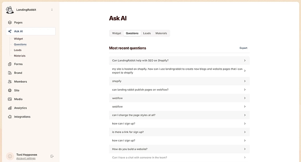 Ask AI chat widget settings showing recent questions list